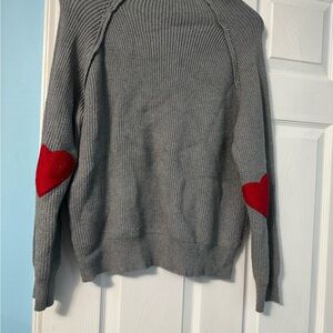 Gray Knit Sweater with Red Heart Elbow Patches